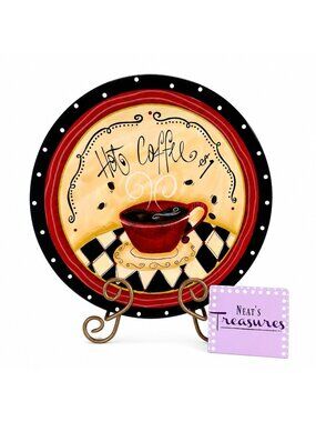 Certified International Lori Simms COFFEE CAFE Red Black Dots Words Cake Plate